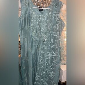 Embroidered Teal Dress with Sheer Overlay